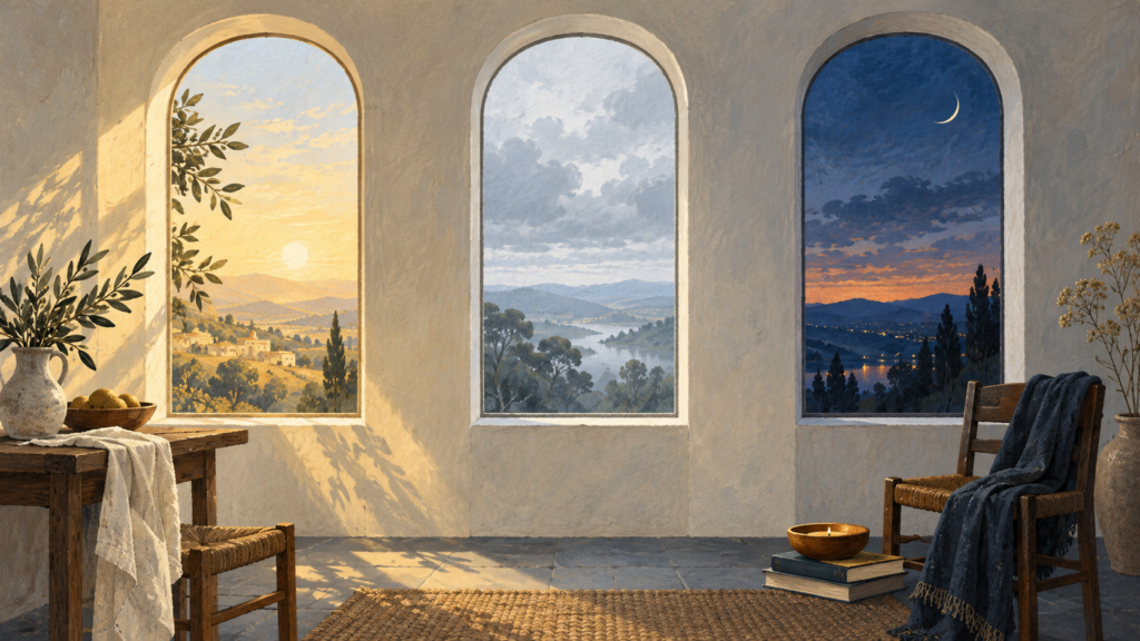 Illustration of three arched windows showing warm sunlight, overcast skies and dusk.