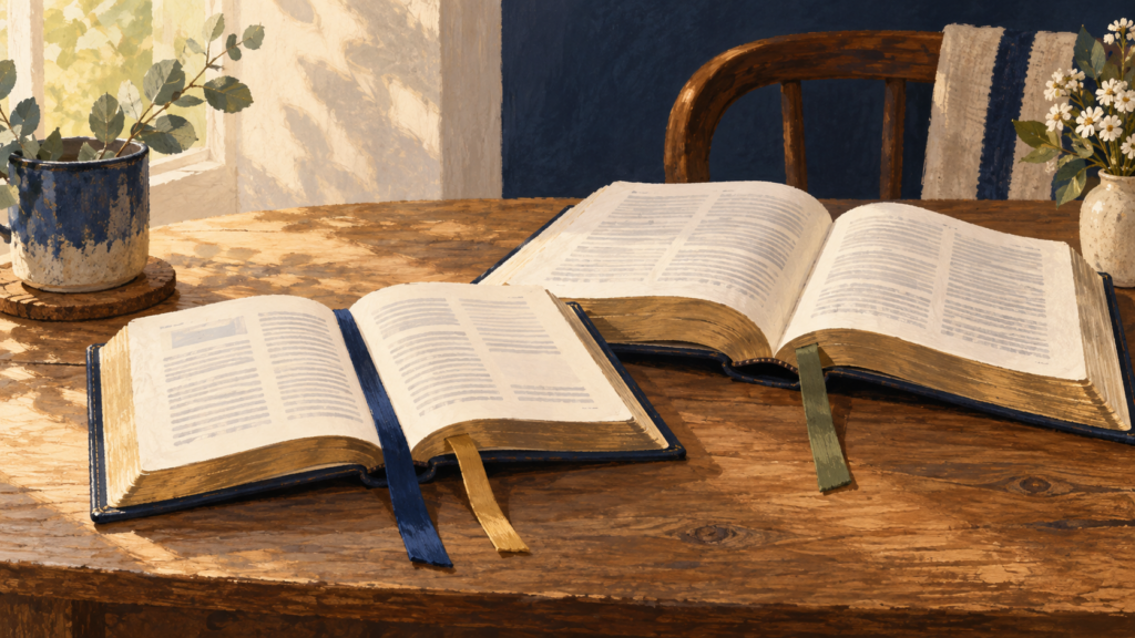 Illustration of two open books with ribbon bookmarks on a sunlit table.