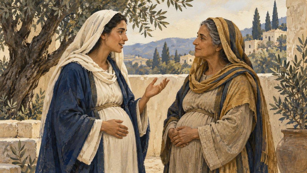 Illustration of Mary speaking with Elizabeth beneath an olive tree.