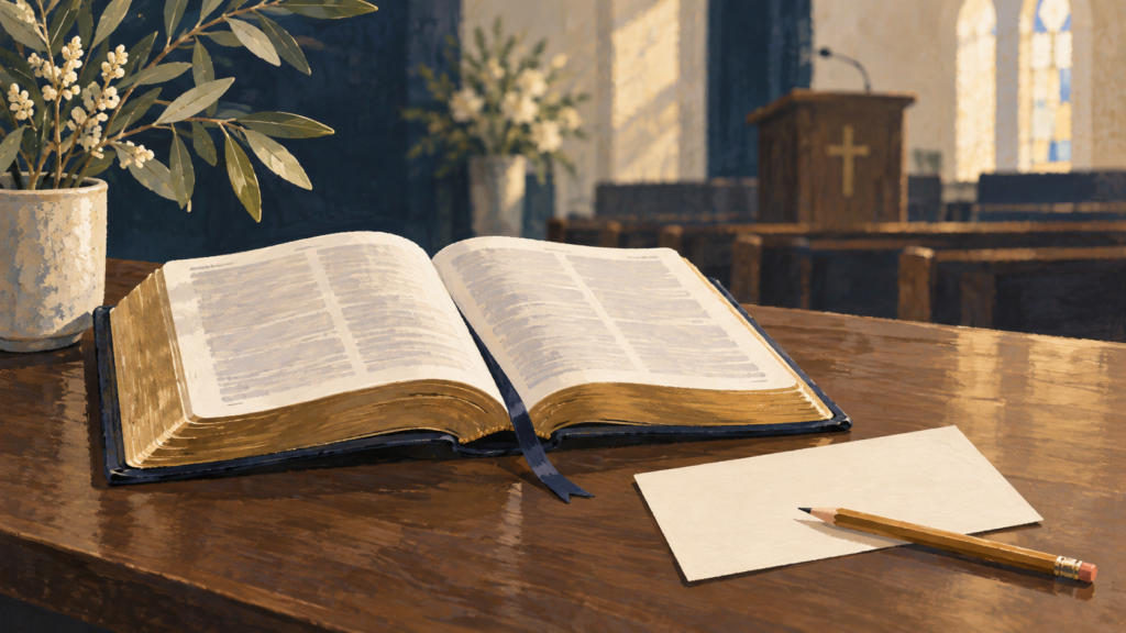 Illustration of an open Bible, blank note card and pencil, with a lectern in the background.