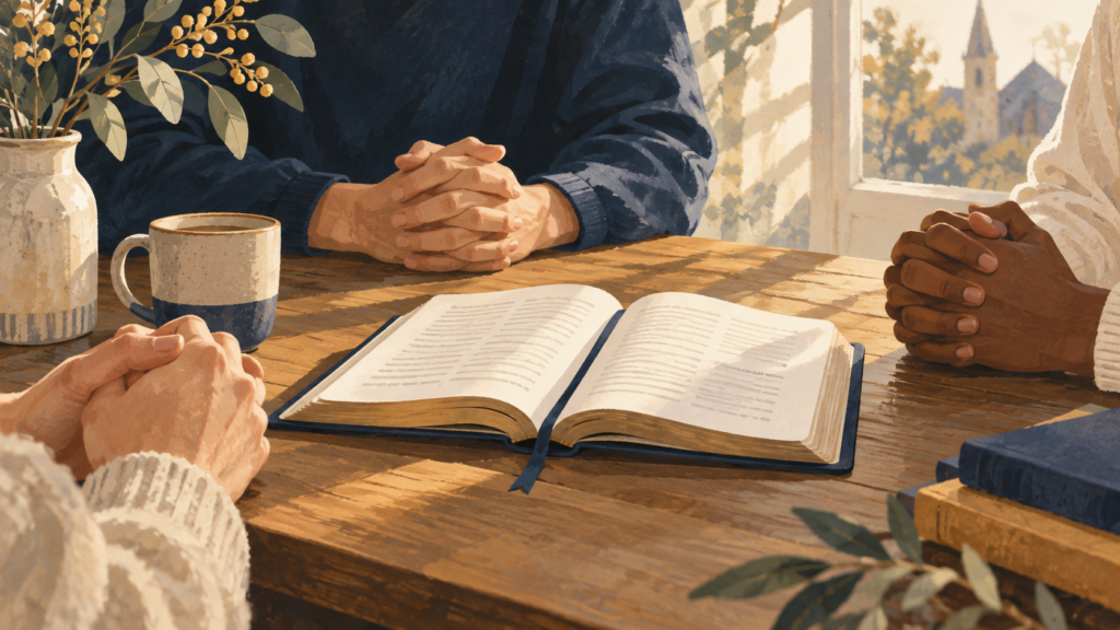 Illustration of an open prayer book and people’s folded hands around a table.