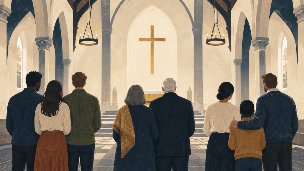 Illustration of people of different generations standing together in a church facing a cross.