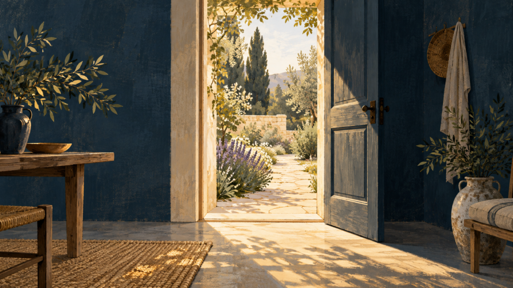 Illustration of an open doorway with warm light falling from a garden into a quiet room.