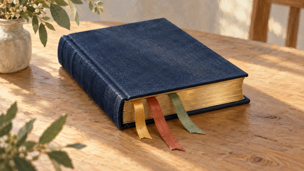 Illustration of a prayer book with three bookmarks.