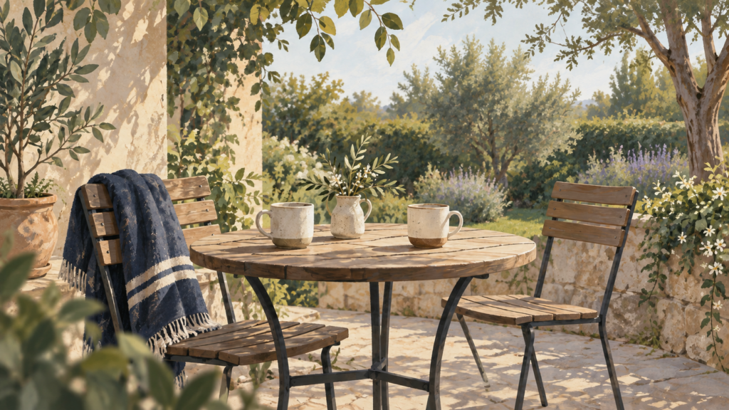 Illustration of two cups and two chairs around a garden table.