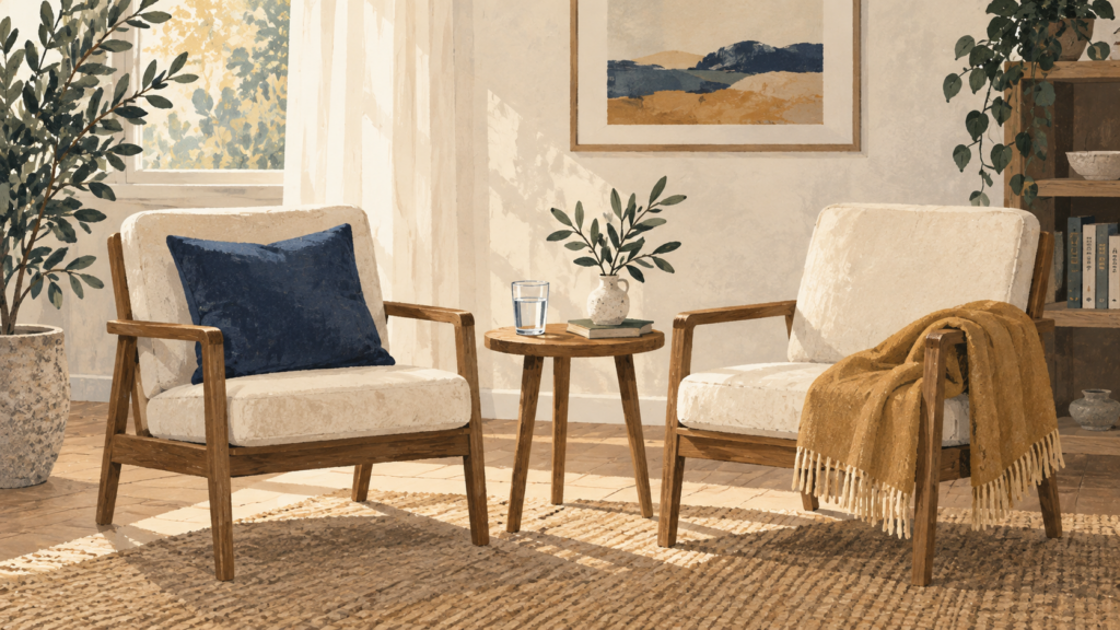 Illustration of two chairs beside a small table, with a glass of water and a folded blanket.