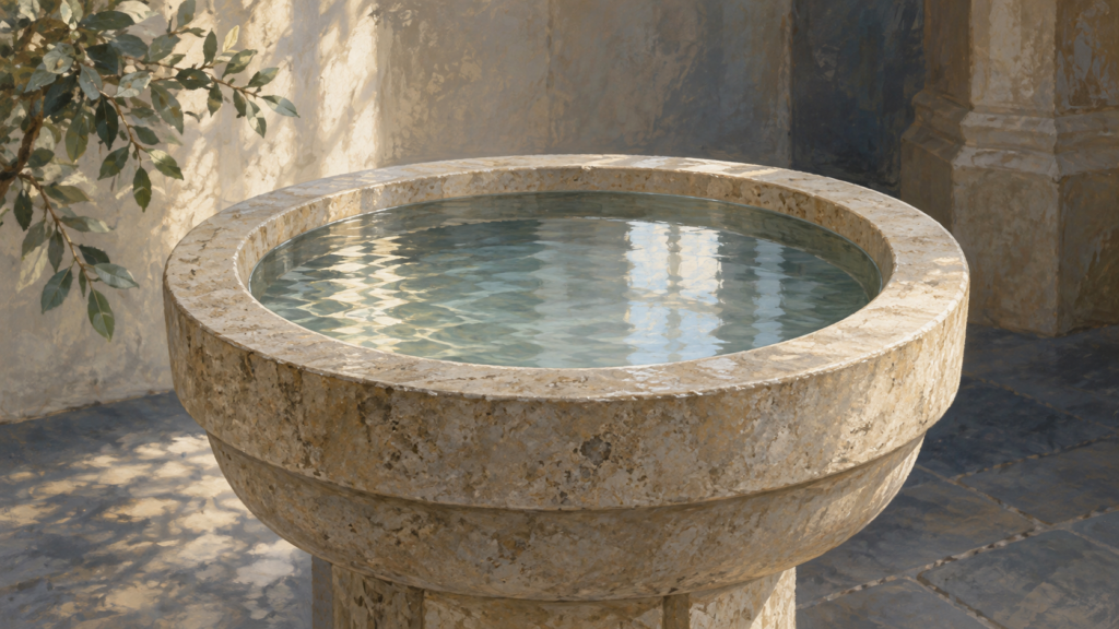 Illustration of water in a simple stone baptismal font.