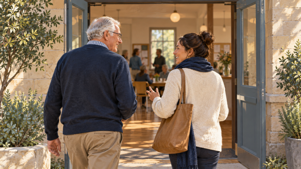 Illustration of two people arriving together at a community hall.