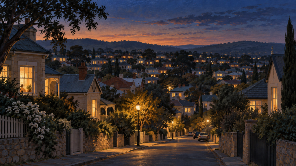 Illustration of illuminated windows across a town at dusk.