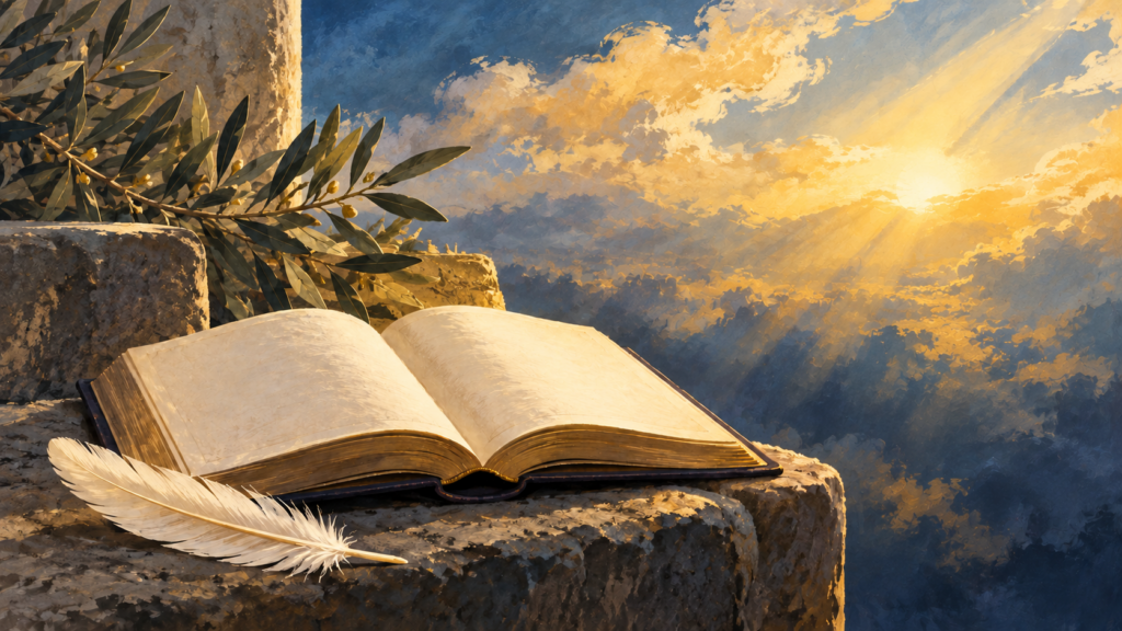 Illustration of an open book and pale feather in golden light.