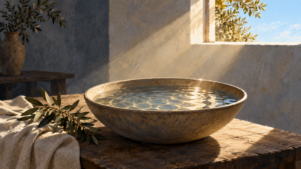 Illustration of sunlight from an open window falling on a bowl of water.