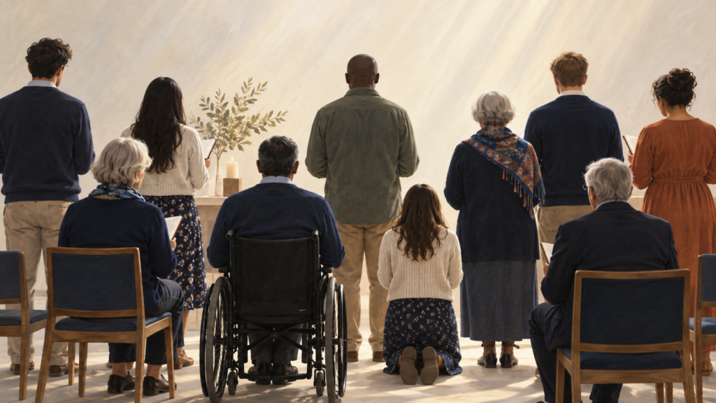 Illustration of people worshipping while seated, standing and kneeling, including a wheelchair user.