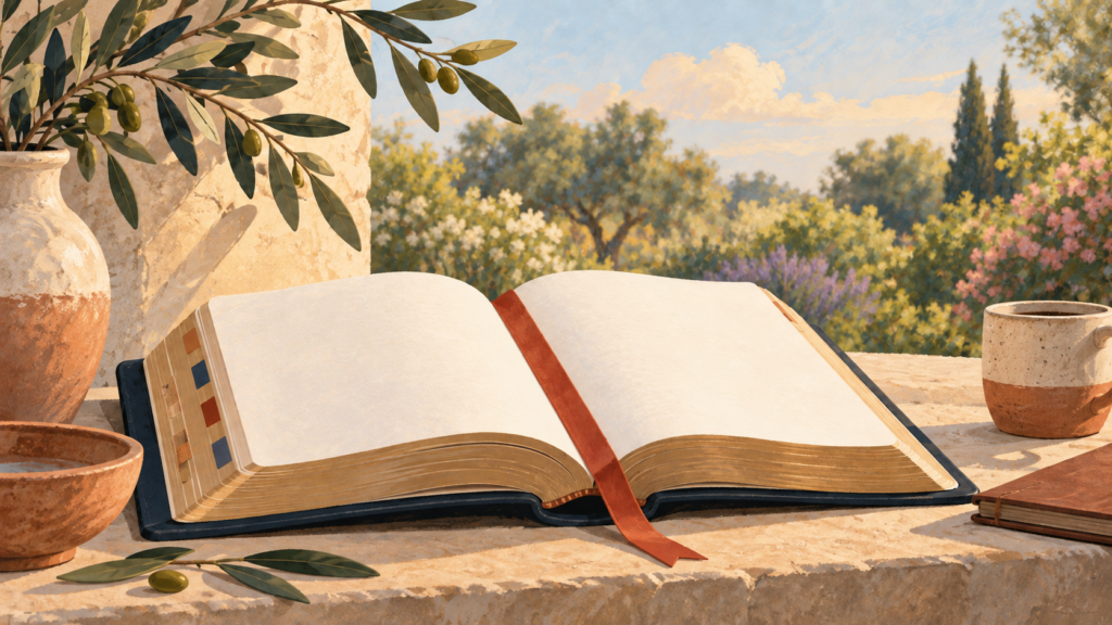 Illustration of an open book with a terracotta ribbon beside a garden.