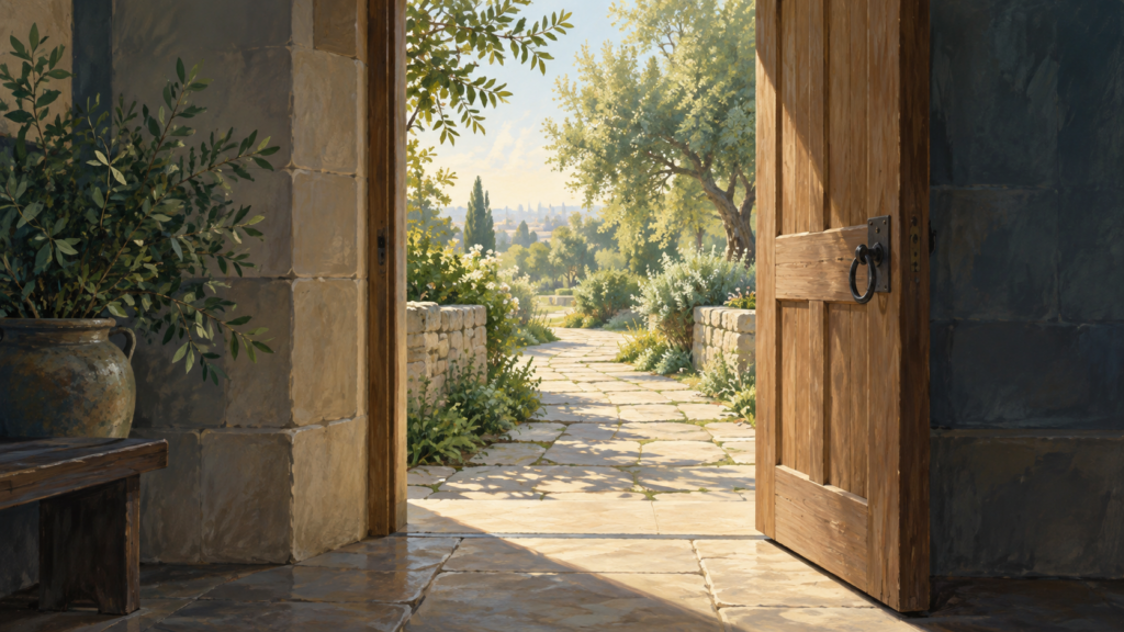 Illustration of an open doorway leading towards daylight.