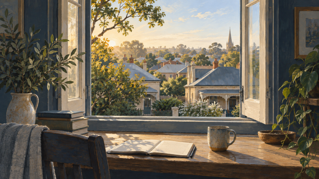 Illustration of an open window overlooking neighbouring homes.